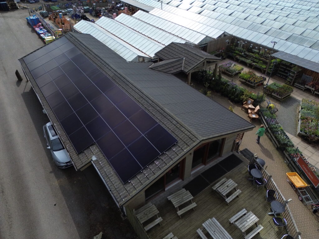 Drone shot of Barby Nurseries' roof solar panel installation