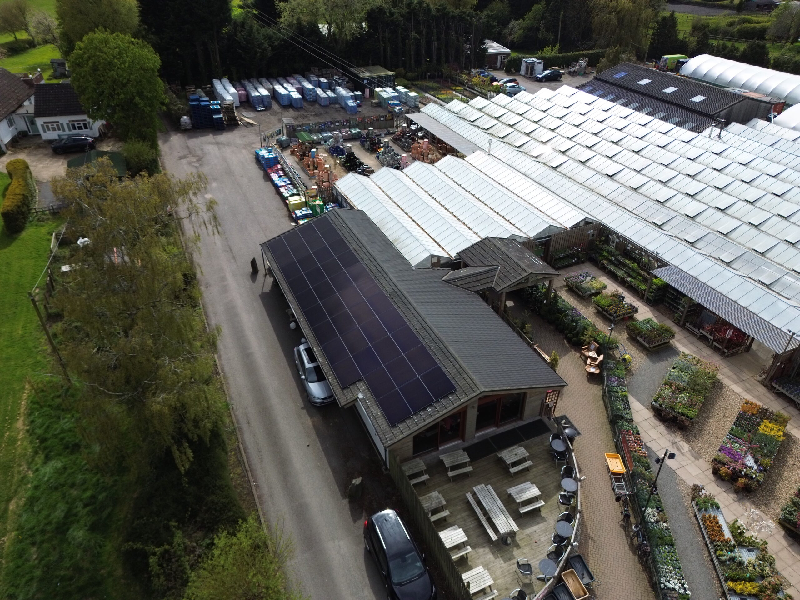 Drone shot of Barby Nurseries' roof solar panel installation
