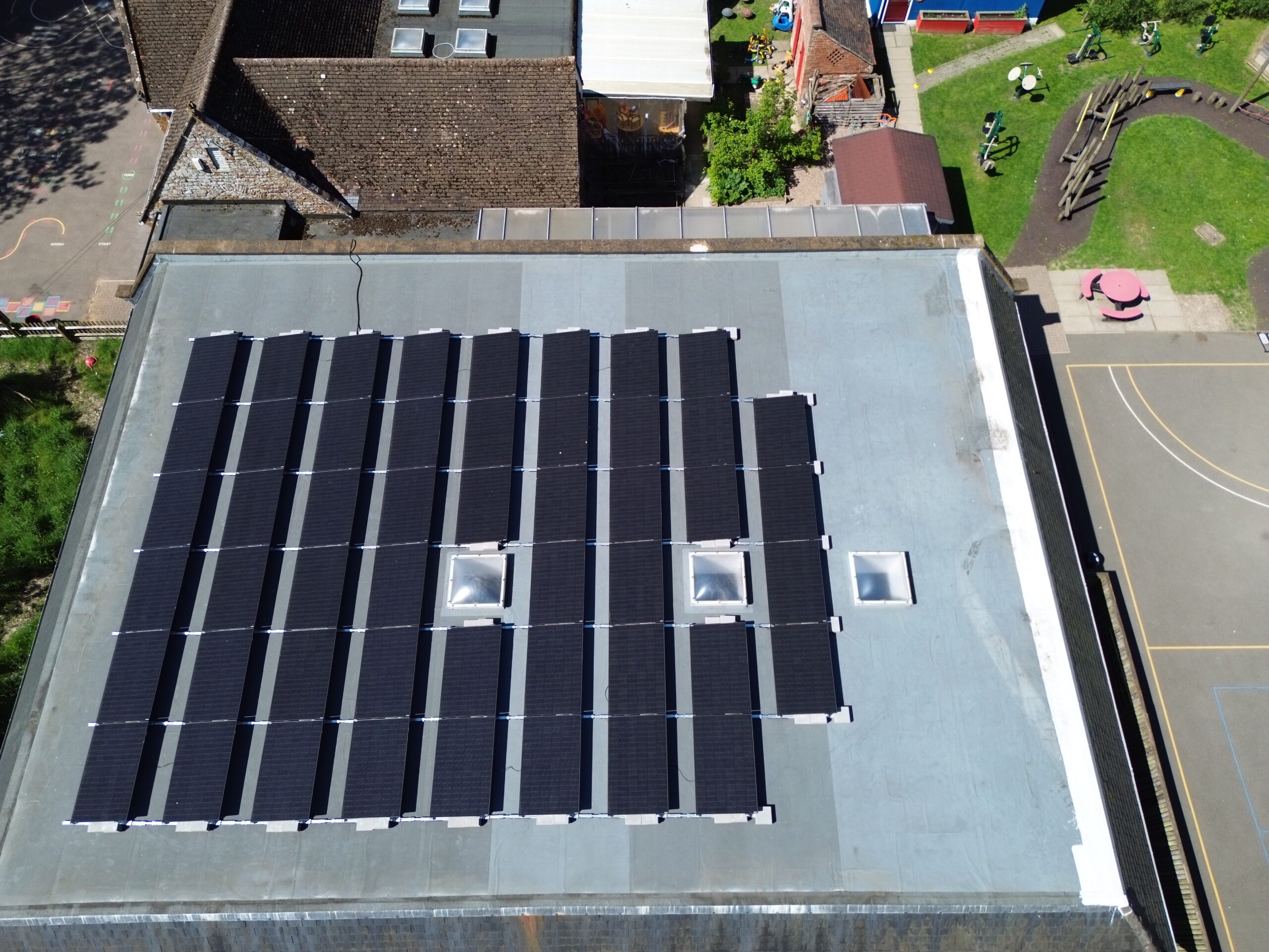 Close up of The Priors School's roof solar panel installation