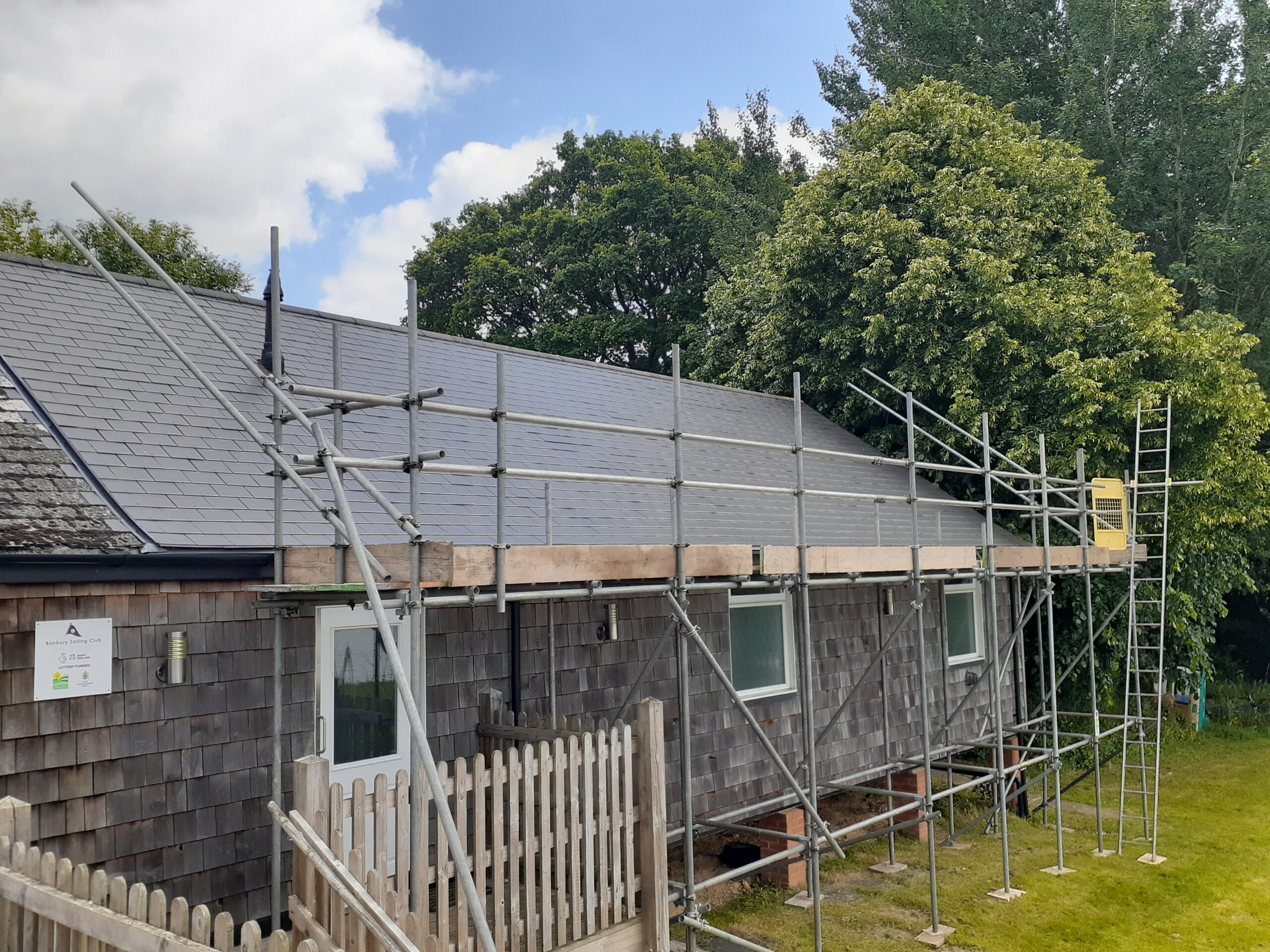 Scaffolding erected at Banbury Sailing Club in preparation for the installation of solar panels